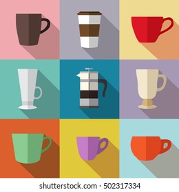 Set of simple colorful coffee cups and french press flat icons on squares vector illustration