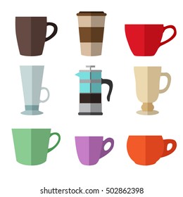 Set of simple colorful coffee cups and french press flat icons on white background vector illustration