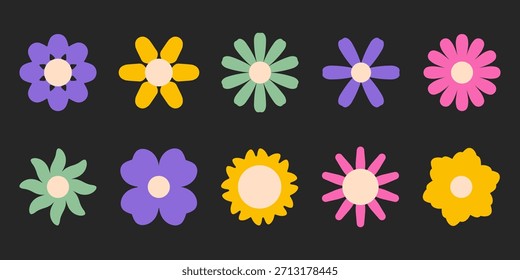 Conjunto de iconos de flores de margarita de colores simples y Elementos botánicos de primavera aislados sobre fondo negro para pegatinas