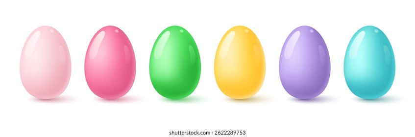Set of simple colorful Easter eggs. Smooth shiny multicolored eggs with highlights and shadows. Vector 3D illustration.