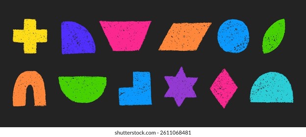 Set of simple colorful geometric figures hand drawn with crayon. Colored pencil or charcoal textured shapes. Vector illustrations isolated on a black background