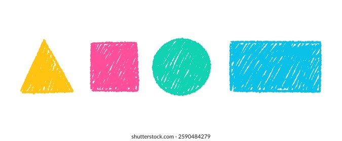 Set of simple colorful geometric shapes with crayon pencil. Circle, square, triangle and rectangle. Vector texture illustration