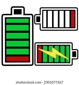 A set of simple, colorful icons depicting battery levels from full to low and a charging status with a lightning bolt symbol.