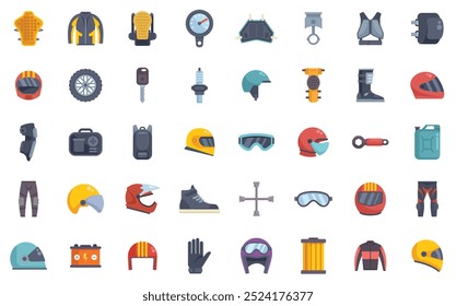 Conjunto de ícones simples e coloridos que representam diferentes equipamentos de motocicleta, roupas e ferramentas
