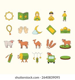 Set of simple, colorful illustrations depicting various Islamic religious symbols, icons, and objects, suitable for use in a variety of contexts related to Islamic culture