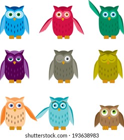 Set of simple, colorful owls