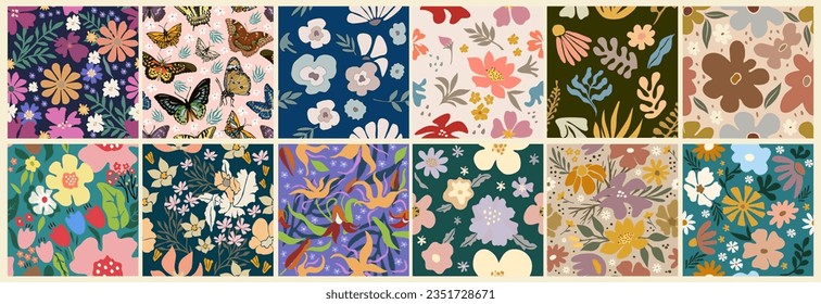 Set of simple colorful seamless patterns with vintage groovy abstract flowers. Retro floral vector background, surface design, textile, stationery, wrapping paper, covers. Trendy Botanical collage