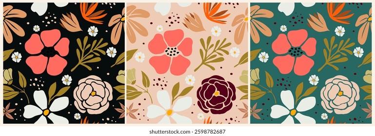 Set of simple colorful seamless patterns with vintage groovy abstract flowers. Retro floral vector background, surface design, textile, stationery, wrapping paper, covers. Trendy Botanical collage.