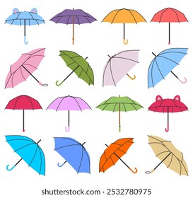 Conjunto de guarda-chuva colorido simples no estilo desenhado à mão, ilustração de vetor de guarda-chuva diferente definido em um fundo branco