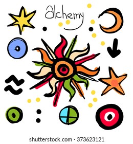 Set of simple colorful vector alchemy symbols written with brush. Vector illustration image.