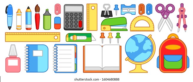 set of simple colourful cute cartoon school stationery isolated on a white background, vector illustration