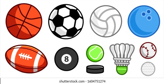 set of simple colourful cute cartoon balls and other sport objects isolated on a white background, vector illustration