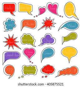 Set of simple colourful original speech bubbles with expression of various emotions or with any other text. Vector element of graphic design