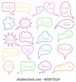 Set of simple colourful original speech bubbles with expression of various emotions or with any other text. Vector element of graphic design