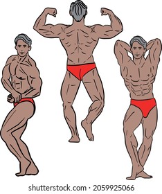 A set of simple comic-style line art illustrations of an Asian romance gray male bodybuilder taking bodybuilding poses, abdominal and rhino, side chests, double bicepbacks.