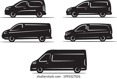 Set of simple commercial vehicle icons in black from small to large. Vector black car icons.