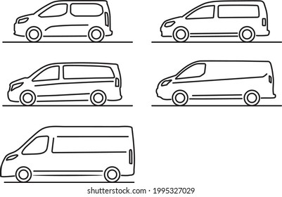 Set Of Simple Commercial Vehicle (vans) Vector Icons From Small To Large. Side View. Black Line And White Background.