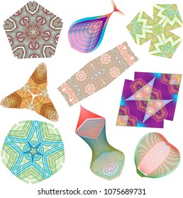 A set of simple and complex guilloche art forms with tightly patterned design and simple shapes.