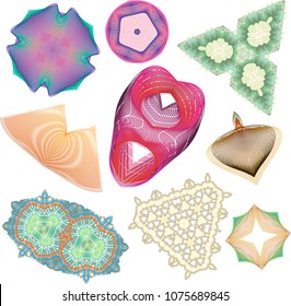A set of simple to complex guilloche art forms with multiple colored layers to emulate moire patterning.