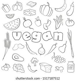 A set of simple contour icons  on the subject of vegetarianism and vegan inscription on a white background