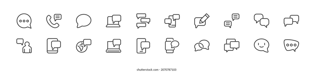 Conjunto de iconos simples de la línea de conversación. Objeto de trazo de contorno. Envase de signos lineales. Perfecto para aplicaciones web y móviles.