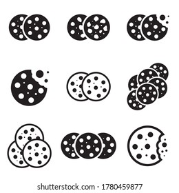 Set of Simple cookie icon vector illustration. Oatmeal sugar bitten cookies silhouette or logo collection. Round black and white biscuit symbol isolated