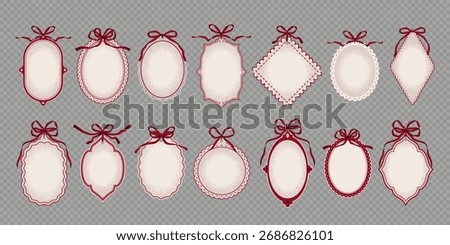 Set of Simple Coquette Style Frames with Bows. Vintage Labels, Tags. Vector Isolated Illustration