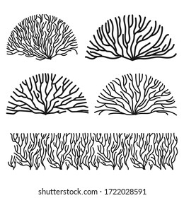 Set of simple coral reef elements isolated on white background. Black vector corals graphic collection.