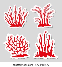 Set of simple coral reef stickers isolated on white background. Red vector corals graphic collection.