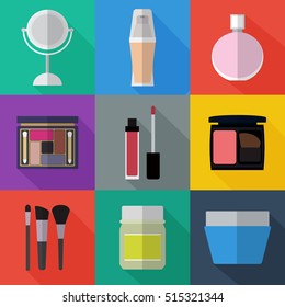 Set of simple cosmetic flat icons on squares circles vector illustration