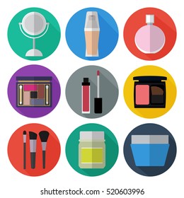 Set of simple cosmetic flat icons on color circles vector illustration