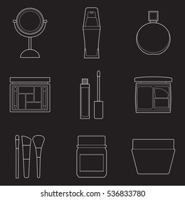 Set of simple cosmetic line art  icons on black background vector illustration