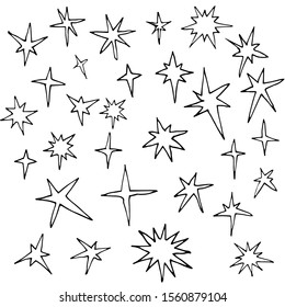 set of simple cosmic or Christmas stars, Doodle with black contour lines, vector illustration isolated on white background in hand drawn style