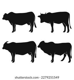 set simple cow illustration. Circuit. Farm. Bull. Black and white drawing by hand