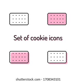 Set von einfachen Cracker-Cookie-Icons mit schwarzer Umrisslinie auf weißem Hintergrund. Vier Symbole: nur Kontur, rosafarbene Füllung, Offset und weiße Füllung mit rosafarbenem Schatten. Perfekt für süße Geschäfte, Cafés, Kunstgewerbe