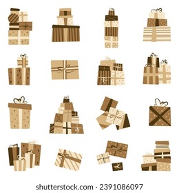 Set of simple craft gift boxes for Christmas, New Year or Birthday. Flat design elements.