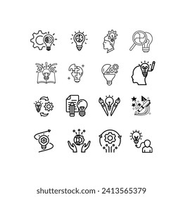 Set simple creativity related vector line icons. Contains Icons like Inspiration, Ideas, Brains and more. 