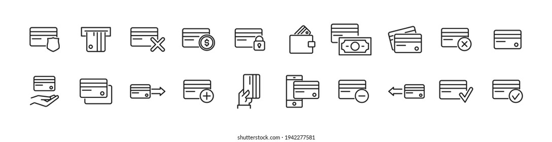 Set of simple credit card line icons. Outline stroke object. Linear signs pack. Perfect for web apps and mobile.