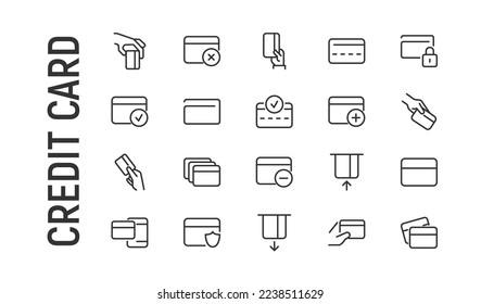 Conjunto de iconos simples de la línea de la tarjeta de crédito. Objeto de trazo de contorno. Envase de signos lineales. Perfecto para aplicaciones web y móviles.