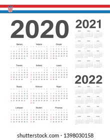 Set of simple Croatian 2020, 2021, 2022 year vector calendars. Week starts from Sunday.
