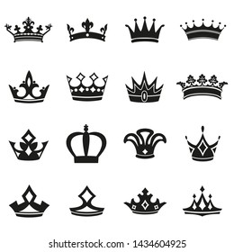 Set of Simple Crown Icon . Royal Symbol Diadem Isolated on White Background. Coronation Vector Illustration