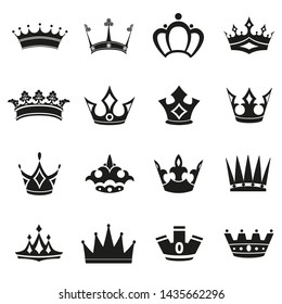 Set of Simple Crown Icon . Royal Symbol Diadem Isolated on White Background. Coronation Vector Illustration