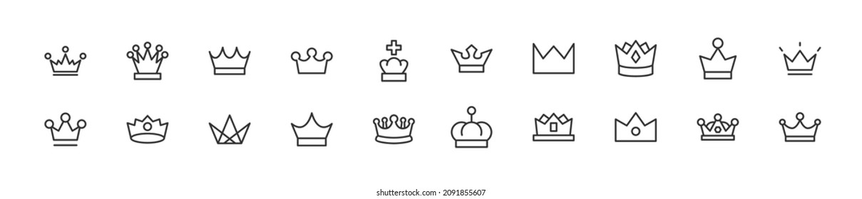 Set of simple crown line icons. Outline stroke object. Linear signs pack. Perfect for web apps and mobile.
