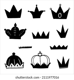 Set of simple crowns for princesses, kings and princes. Hand-drawn living crowns. Black and white crown elements. Decorating a children's book about kings