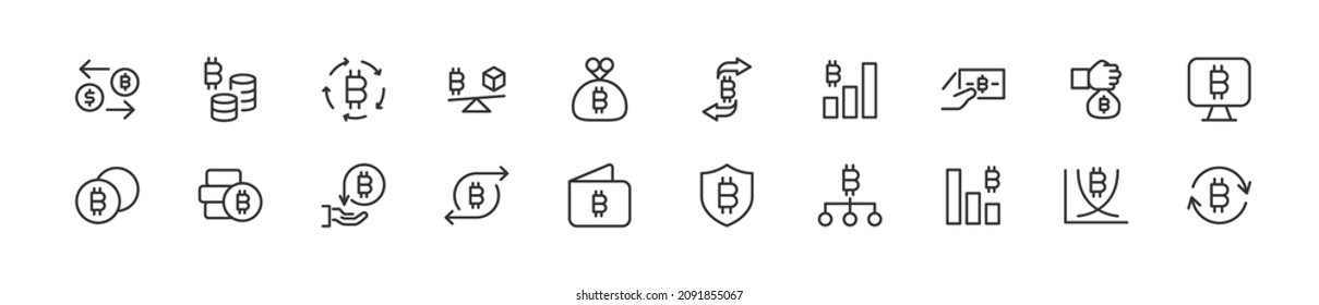 Set of simple cryptocurrency line icons. Outline stroke object. Linear signs pack. Perfect for web apps and mobile.