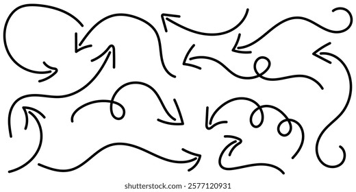 Set of simple curved hand drawn arrows. Collection of line arrows. Curvy and wavy arrows isolated on white background. Vector illustrator