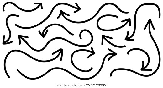 Set of simple curved hand drawn arrows. Collection of line arrows. Curvy and wavy arrows isolated on white background. Vector illustrator