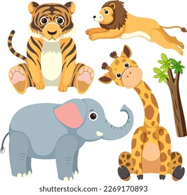 Set of simple cute animals cartoon character illustration