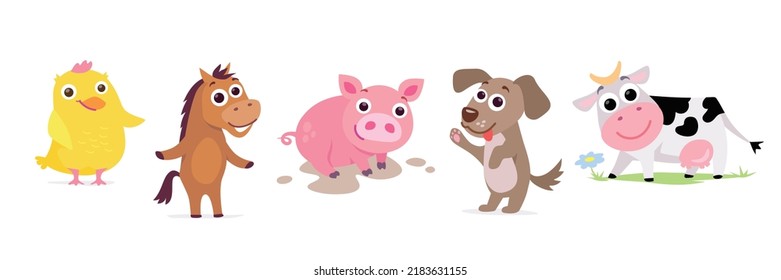 Set of simple cute animals: horse, cow, dog, pig, chicken