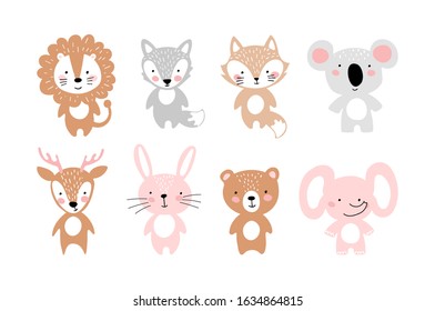 Set Of Simple Cute Animals For Invitation, Party, Nursery, Baby Shower. Bear, Fox, Wolf, Koala, Lion, Elephant, Bunny Deer Flat Cartoon Vector Illustration